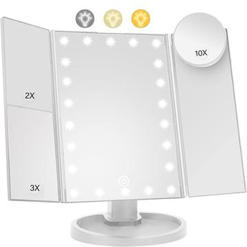 3-seitig faltbarer Makeup-Spiegel mit 22 LED-Leuchten - 1X/2X/3X/10X Vergrößerung - Weiß