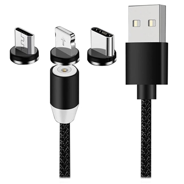 3-in-1 LED Magnetisches Kabel - Lightning, USB-C, MicroUSB - 1m - Schwarz