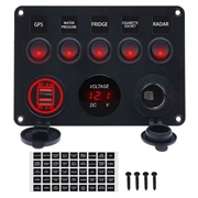 5-fach-Schalttafel mit Voltmeter, USB-Ladeanschluss und Zigarettenanzünder-Steckdose für Wohnmobile, Boote und Yachten - rot