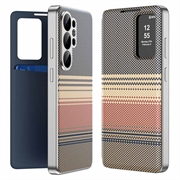 Samsung Galaxy S26 Ultra Smart View Flip-Hülle mit Karomuster und Kartenfach - Braun