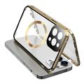 Kompatibel mit MagSafe Case für iPhone 15 Pro Magnetischer Metallrahmen + doppelseitige Telefonabdeckung aus gehärtetem Glas mit Schnallenverschluss - Gold
