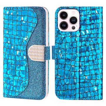 Croco Bling Serie iPhone 14 Pro Wallet Hülle - Blau