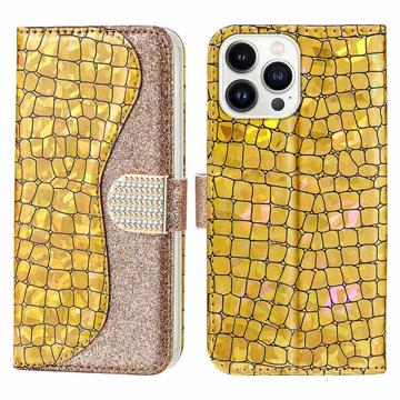 Croco Bling Serie iPhone 14 Pro Wallet Hülle - Gold