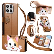 Xiaomi 17 - Niedliche Katzen-Geldbörsenhülle mit Kartenfach, Reißverschlussfach und Handschlaufe - Braun