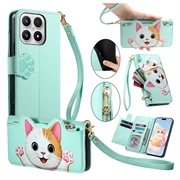 Xiaomi 17 Niedliche Katzen-Geldbörsenhülle mit Kartenfach, Reißverschlussfach und Handschlaufe - Grün