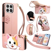 Xiaomi 17 Niedliche Katzen-Geldbörsenhülle mit Kartenfach, Reißverschlussfach und Handschlaufe - Rosa