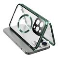 Doppelseitiges gehärtetes Glas+magnetischer Metallrahmen Anti-Drop Case für iPhone 15 kompatibel mit MagSafe Phone Cover mit Schnallenverschluss - Grün