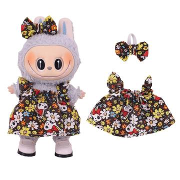 Floral Partykleid & Bowknot Stirnband für Labubu Mini Figur 17cm - Braun
