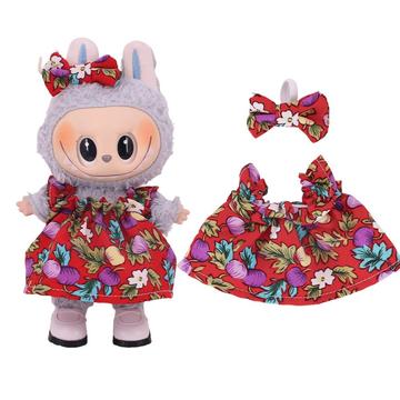 Floral Party Kleid & Bowknot Stirnband für Labubu Mini Figur 17cm - Rot