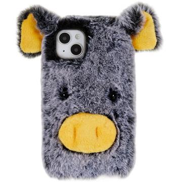 Fluffy Plush iPhone 14 Hybrid Case - Grau Schwein