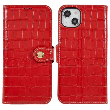iPhone 14 Plus Lederhülle mit Geldbörse - Crocodile - Rot