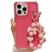 iPhone 16 Pro Glitter Stoßfestes Hybrid Hülle mit Handgelenkschlaufe - Hot Pink