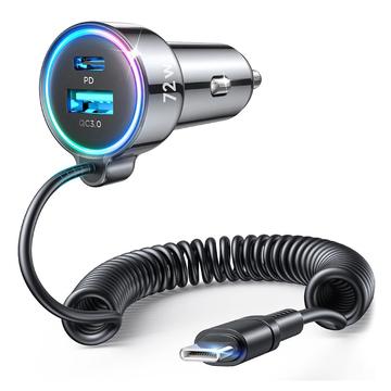 Joyroom JR-CL07 3-in-1 kabelgebundenes Schnellladegerät für das Auto 72W - USB-C, USB-A - Schwarz