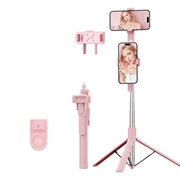 K50 Dual-Telefonclip Bluetooth-Selfie-Stick-Stativ mit Fernbedienung - Pink