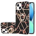 iPhone 15 Plus Marble Pattern IMD TPU Hülle mit Ringhalter - Schwarz