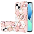 iPhone 15 Plus Marble Pattern IMD TPU Hülle mit Ringhalter - Rosa / Weiß