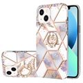 iPhone 15 Plus Marble Pattern IMD TPU Hülle mit Ringhalter - Purpur / Weiß