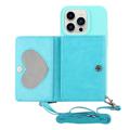 Heart-Serie iPhone 14 Pro Hülle mit Geldbörse und Riemen - Babyblau