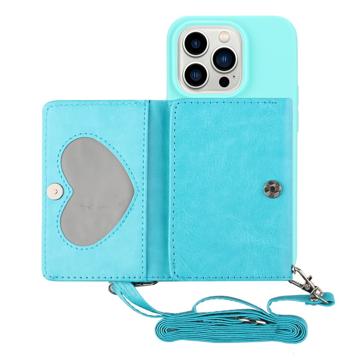 Heart-Serie iPhone 14 Pro Hülle mit Geldbörse und Riemen - Babyblau