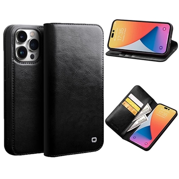 Qialino Classic iPhone 14 Pro Max Lederhülle mit Geldbörse - Schwarz