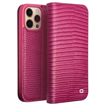 Qialino iPhone 14 Pro Max Lederhülle mit Geldbörse - Krokodil - Hot Pink