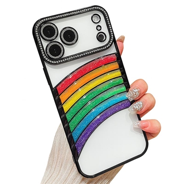 iPhone 17 Pro Regenbogen Treibsand Hybrid Hülle mit Strassstein Kamera Dekor