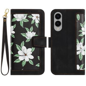 Samsung Galaxy S25 Edge Brieftaschen-Hülle mit Blumenmuster mit Kartenfächern - Schwarz