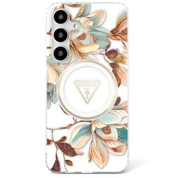 Samsung Galaxy S25 Guess Glitter Flowers Triangle Buttons MagSafe Hülle - weiß