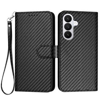 Samsung Galaxy S26 Pro Premium Wallet Hülle mit Riemen - Kohlefaserstruktur - Carbon Schwarz