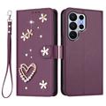 Samsung Galaxy S26 Ultra Geldbörsenhülle mit Herz- und Blumenmotiv - Dunkelviolett