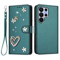 Samsung Galaxy S26 Ultra Brieftaschenhülle mit Herz- und Blumenmotiv - Grün