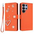 Samsung Galaxy S26 Ultra Brieftaschenhülle mit Herz- und Blumenmotiv - Orange