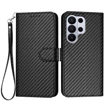Samsung Galaxy S26 Ultra Premium Wallet Hülle mit Riemen - Kohlefaserstruktur