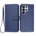 Samsung Galaxy S26 Ultra Premium Wallet Hülle mit Riemen - Kohlefaserstruktur - Carbon blau