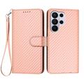 Samsung Galaxy S26 Ultra Premium Wallet Hülle mit Riemen - Kohlefaserstruktur - Carbon Pink