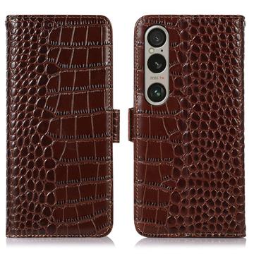 Sony Xperia 1 VI Crocodile Serie Lederhülle mit Geldbörse mit RFID - Braun