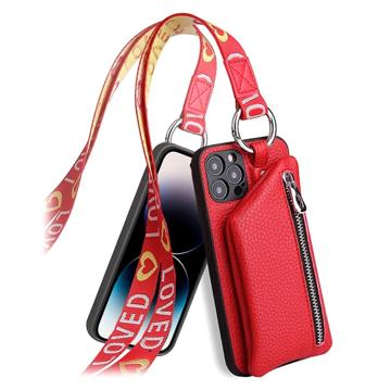 Strap Serie iPhone 14 Pro Max Hülle mit Abnehmbare Geldbörse - Rot