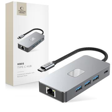 Tech-Protect HB05 9-in-1 USB-C Hub Adapter mit HDMI 4K 60Hz, SD/TF Kartenleser, USB-C 100W PD, RJ45 Ethernet, USB 3.0/2.0 - Space Grau
