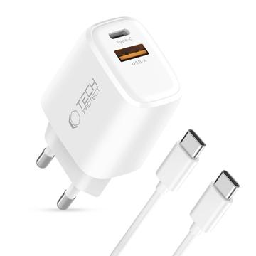 Tech-Protect NCA20 Dual-Port PD 20W/QC3.0 Ladegerät mit USB-C Kabel - Weiß