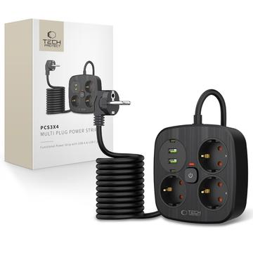 Tech-Protect PCS3X4 Steckdosenleiste - 3 AC Steckdosen, 2 USB-A & 2 USB-C Anschlüsse, 2m Kabel
