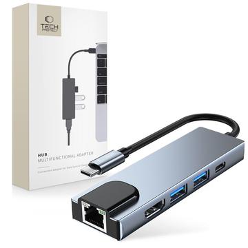 Tech-Protect V3 5-in-1 USB-C Hub - HDMI, Gigabit-LAN, USB 3.0/2.0, 100W USB-C - Grau