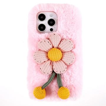 3D Plush Pelziger Winter iPhone 14 Pro Max TPU Hülle - Rosa Blume