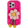 3D Plush Pelziger Winter iPhone 14 Pro TPU Hülle - Hot Pink-Blumen