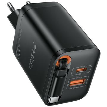 Yesido YC99 40W Schnellladegerät mit einziehbarem USB-C Kabel - Schwarz