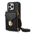 iPhone 14 Pro Alles-in-Einem-Hülle  mit Brieftasche und Trageriemen - Schwarz