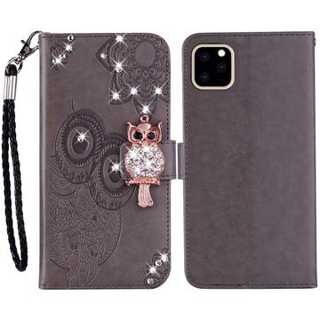 iPhone 14 Pro Max Eule Strass Wallet Case - grau