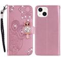 iPhone 15 Plus Eule Strass Wallet Case - Rose Gold