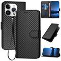 iPhone 15 Pro Max Premium Wallet Hülle mit Riemen - Kohlefaserstruktur
