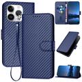iPhone 15 Pro Max Premium Wallet Hülle mit Riemen - Kohlefaserstruktur - Carbon blau