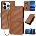 iPhone 15 Pro Premium Wallet Hülle mit Riemen - Kohlefaserstruktur - Carbon Kaffee